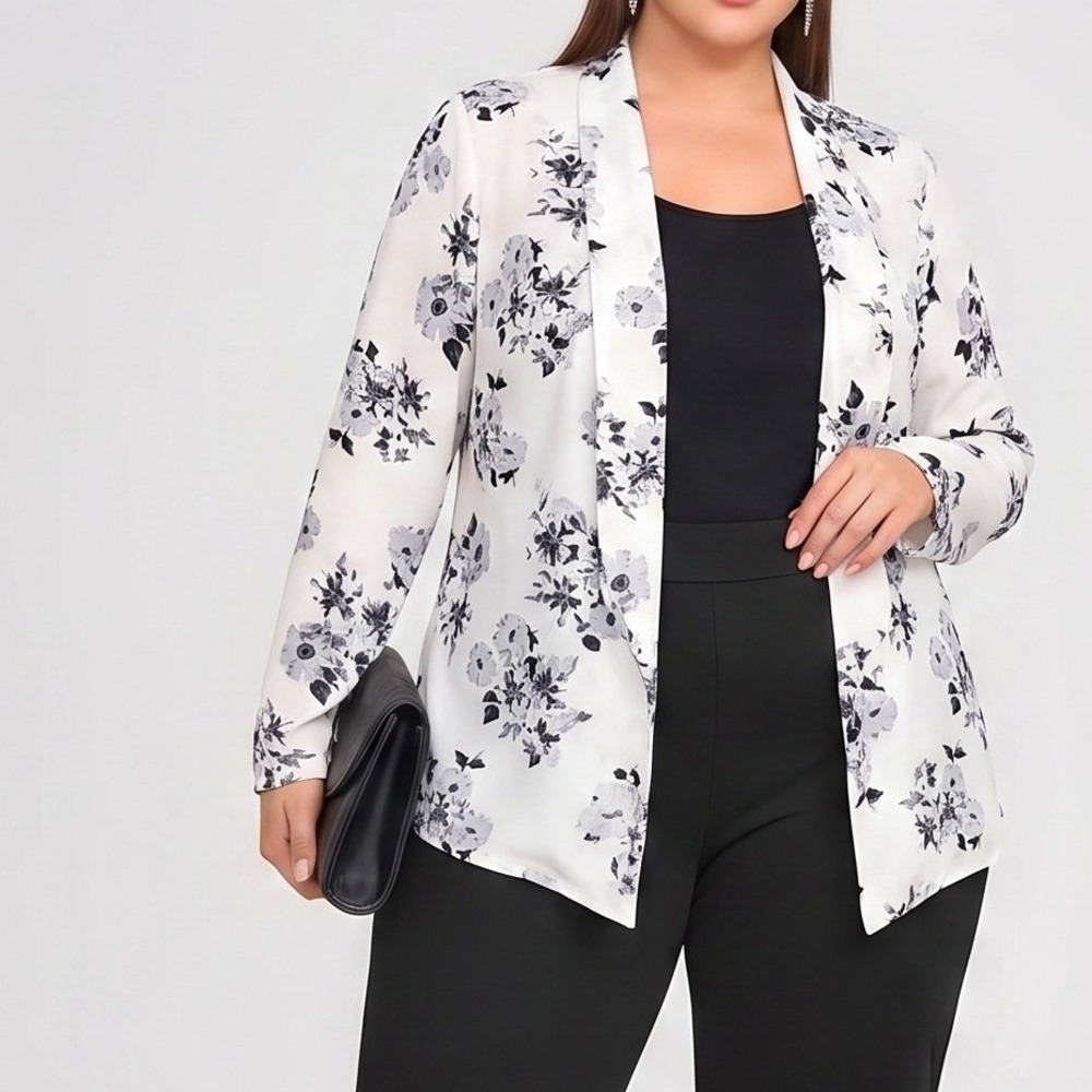 Lush White Gray Feminine Floral Open Front Lightweight Jacket Blazer Large